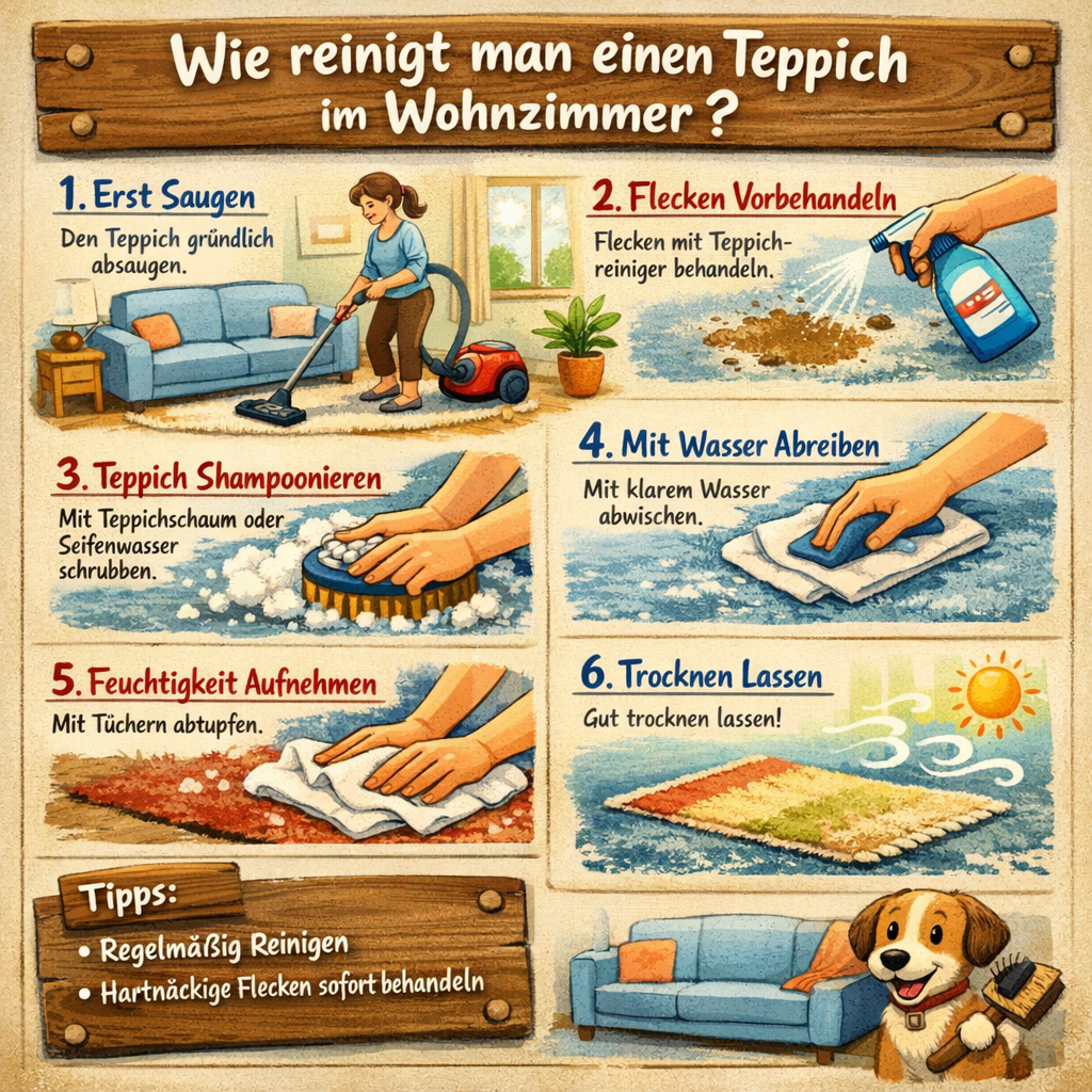 Wie reinigt man einen Teppich im Wohnzimmer?