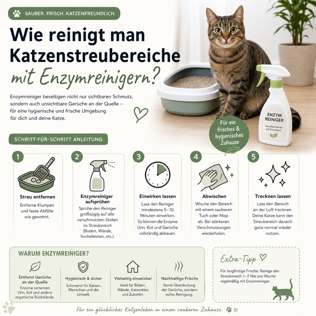 Wie reinigt man Katzenstreubereiche mit Enzymreinigern?